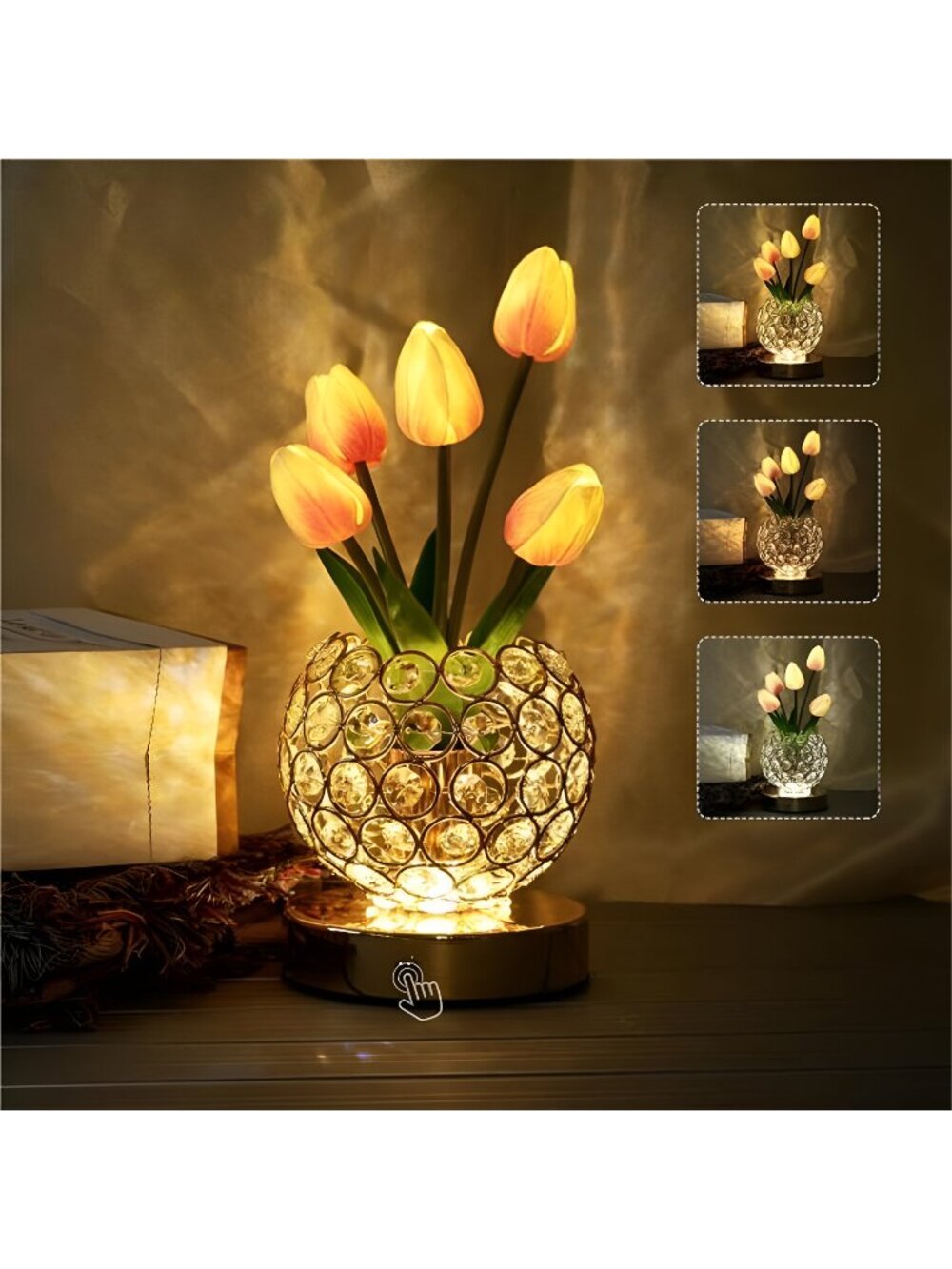Tulip Crystal Flower Lamp Touch Lamp,Rechargeable Cordless Table Lamp, 3-Colour